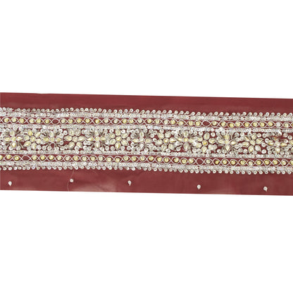 Sanskriti Vintage Embroidered 1 Yard Sari Border Crepe Silk Dark Red Lace Trim