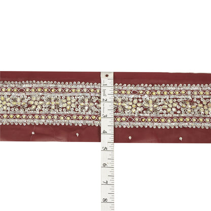 Sanskriti Vintage Embroidered 1 Yard Sari Border Crepe Silk Dark Red Lace Trim