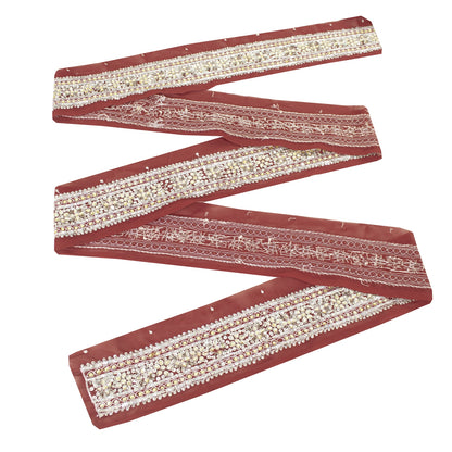 Sanskriti Vintage Embroidered 1 Yard Sari Border Crepe Silk Dark Red Lace Trim