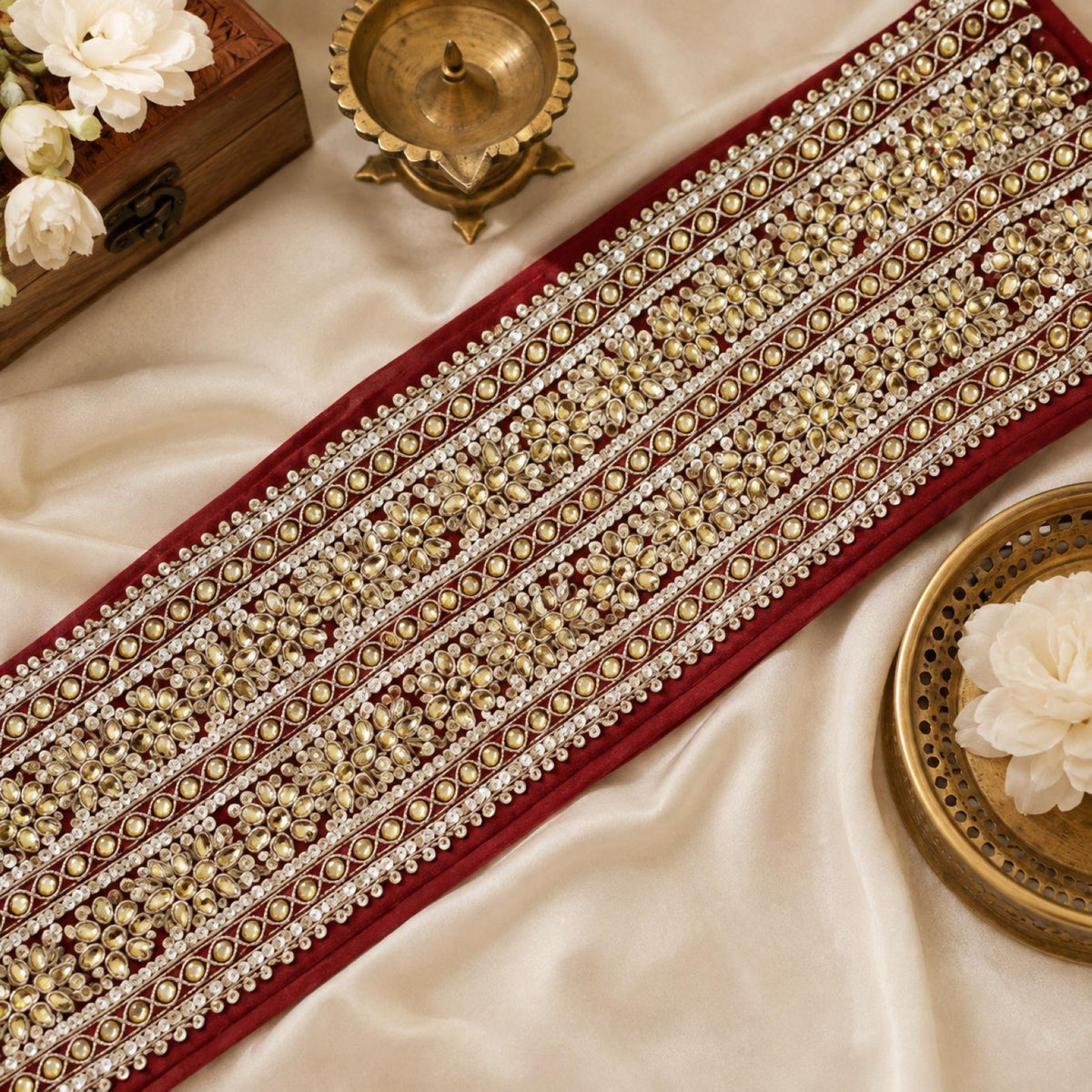 Sanskriti Vintage Embroidered 1 Yard Sari Border Crepe Silk Dark Red Lace Trim