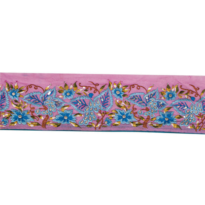 Sanskriti Vintage Embroidered 1 Yard Sari Border Georgette Trim Pink Craft Lace