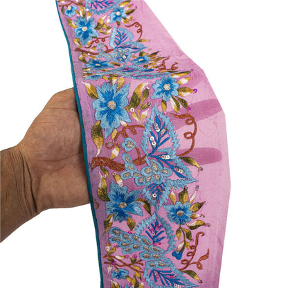 Sanskriti Vintage Embroidered 1 Yard Sari Border Georgette Trim Pink Craft Lace