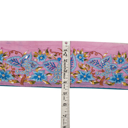 Sanskriti Vintage Embroidered 1 Yard Sari Border Georgette Trim Pink Craft Lace