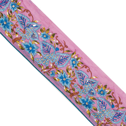 Sanskriti Vintage Embroidered 1 Yard Sari Border Georgette Trim Pink Craft Lace