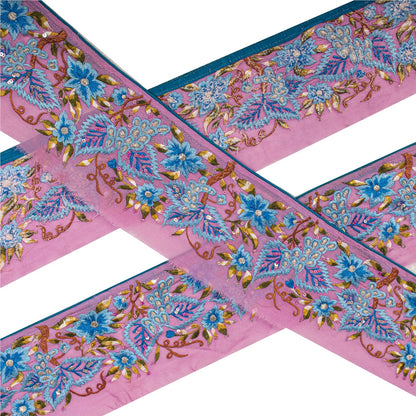 Sanskriti Vintage Embroidered 1 Yard Sari Border Georgette Trim Pink Craft Lace