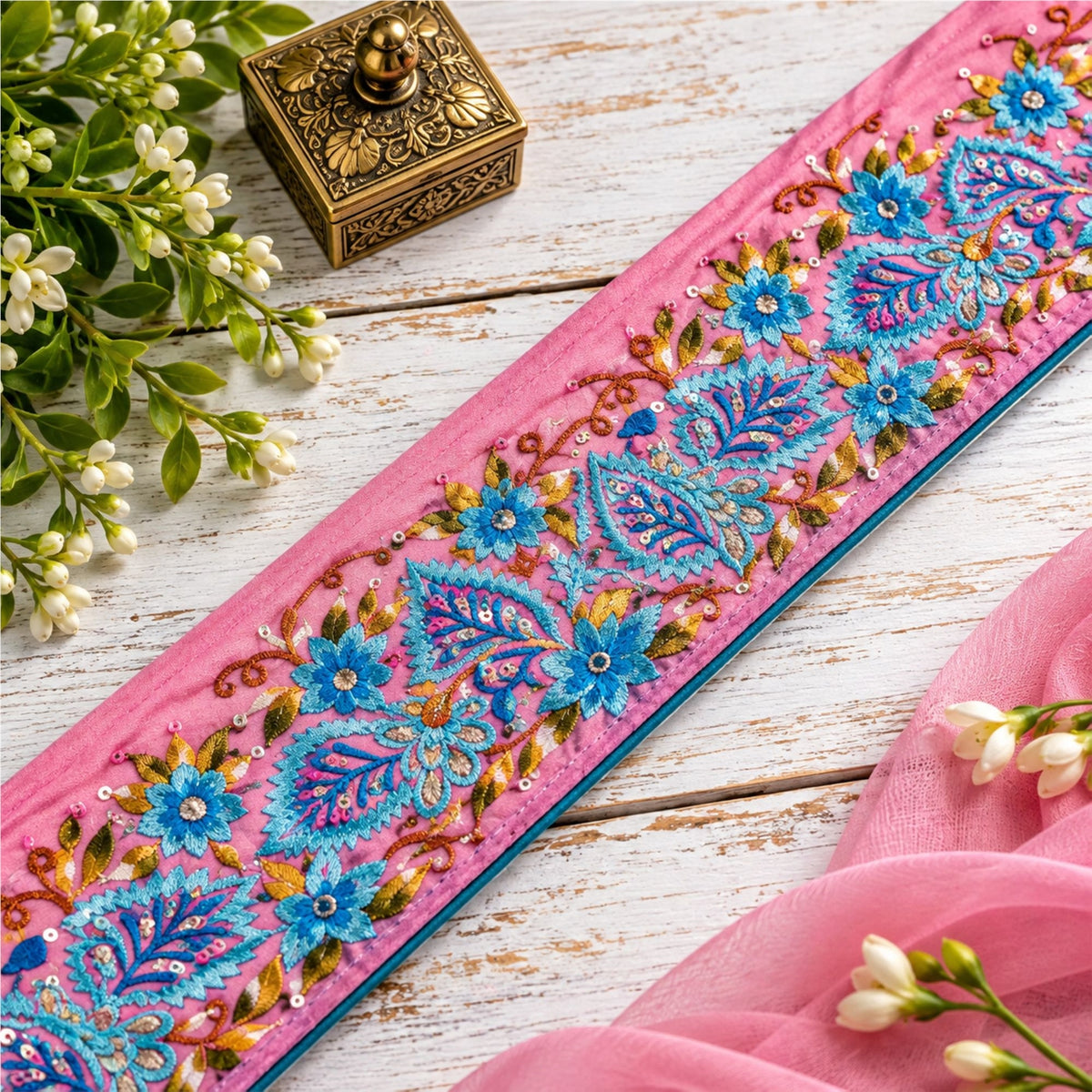 Sanskriti Vintage Embroidered 1 Yard Sari Border Georgette Trim Pink Craft Lace