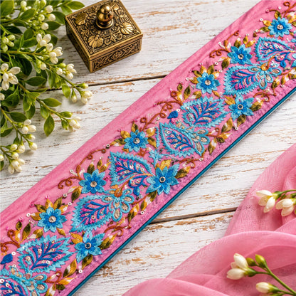 Sanskriti Vintage Embroidered 1 Yard Sari Border Georgette Trim Pink Craft Lace
