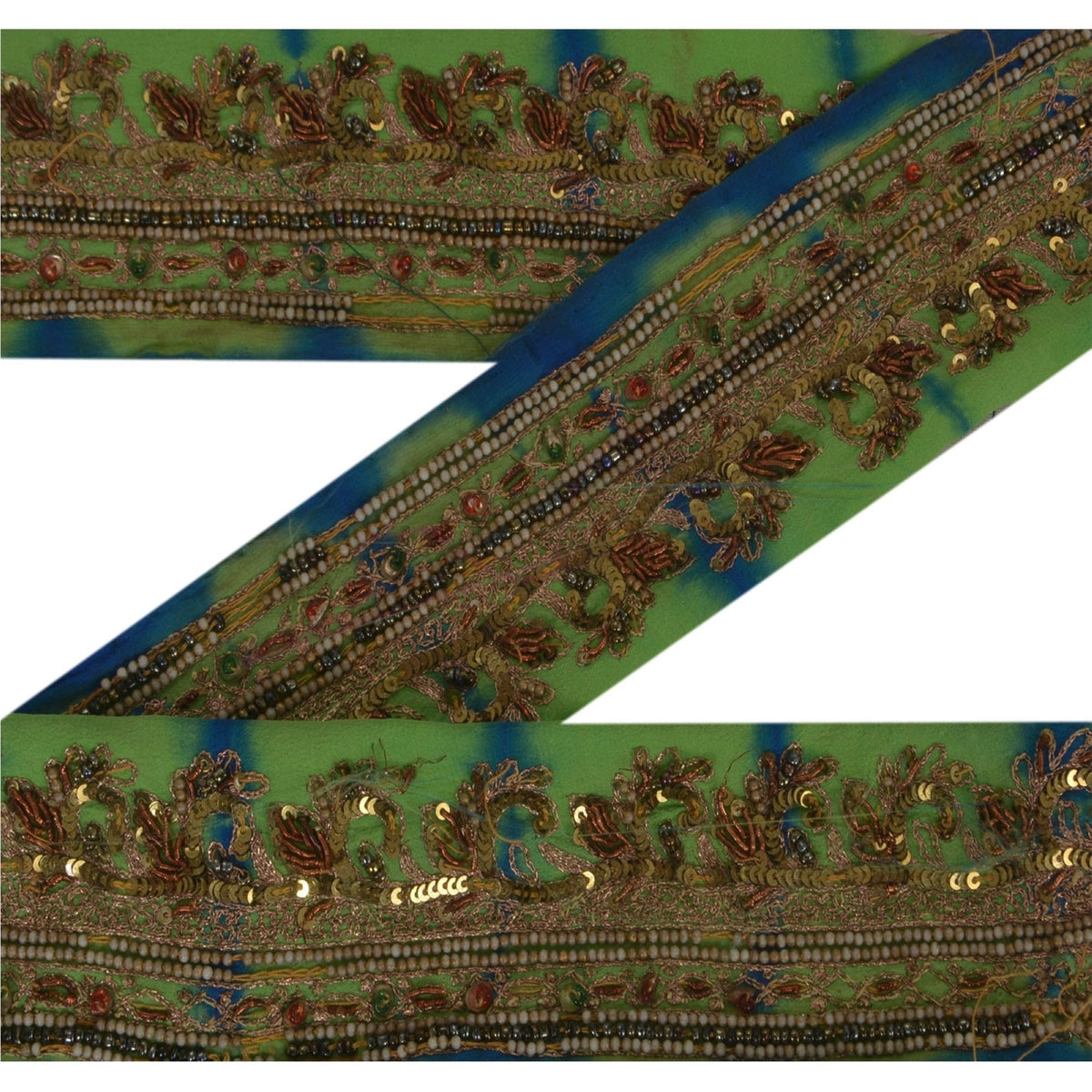 Sanskriti Vintage Hand Beaded 1 Yard Sari Border Pure Crepe Trim Green-Blue Lace