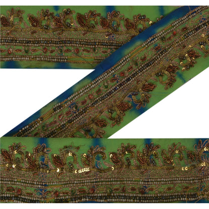 Sanskriti Vintage Hand Beaded 1 Yard Sari Border Pure Crepe Trim Green-Blue Lace