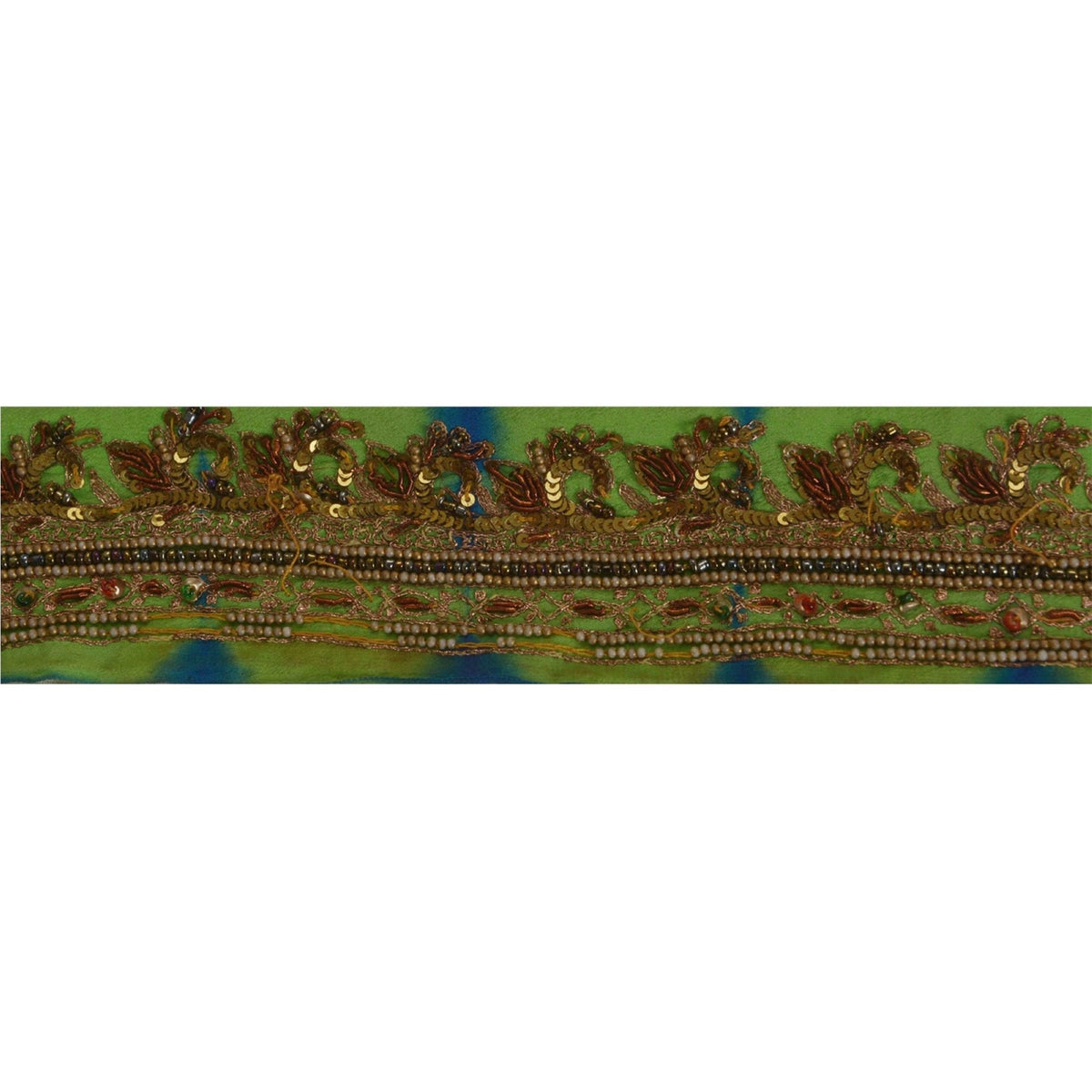 Sanskriti Vintage Hand Beaded 1 Yard Sari Border Pure Crepe Trim Green-Blue Lace