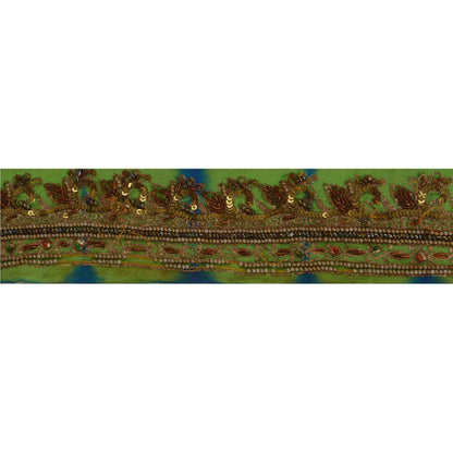 Sanskriti Vintage Hand Beaded 1 Yard Sari Border Pure Crepe Trim Green-Blue Lace
