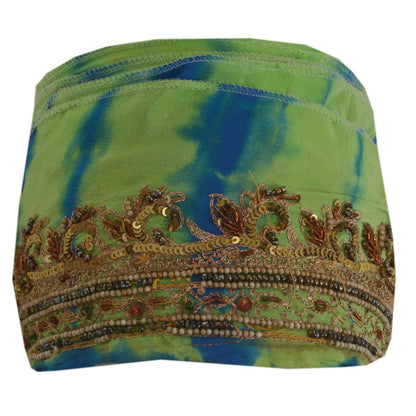 Sanskriti Vintage Hand Beaded 1 Yard Sari Border Pure Crepe Trim Green-Blue Lace