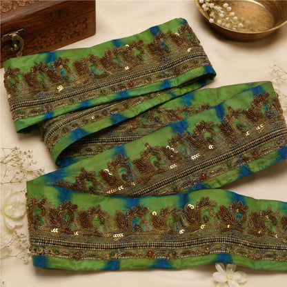 Sanskriti Vintage Hand Beaded 1 Yard Sari Border Pure Crepe Trim Green-Blue Lace