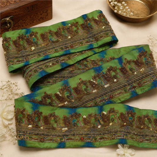 Sanskriti Vintage Hand Beaded 1 Yard Sari Border Pure Crepe Trim Green-Blue Lace