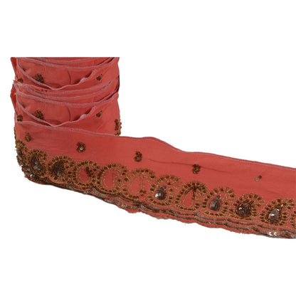 Sanskriti Vintage Hand Beaded 1 Yard Sari Border Pure Crepe Trim Pink Lace