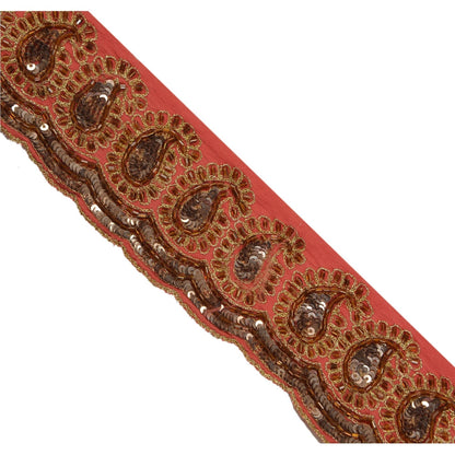 Sanskriti Vintage Hand Beaded 1 Yard Sari Border Pure Crepe Trim Pink Lace
