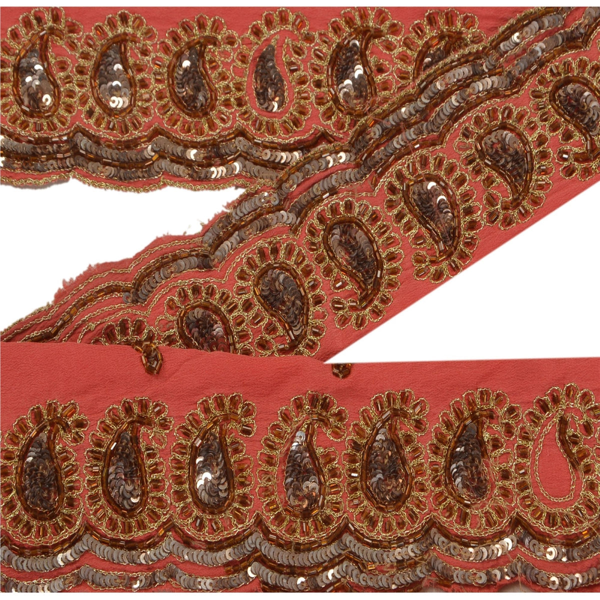 Sanskriti Vintage Hand Beaded 1 Yard Sari Border Pure Crepe Trim Pink Lace
