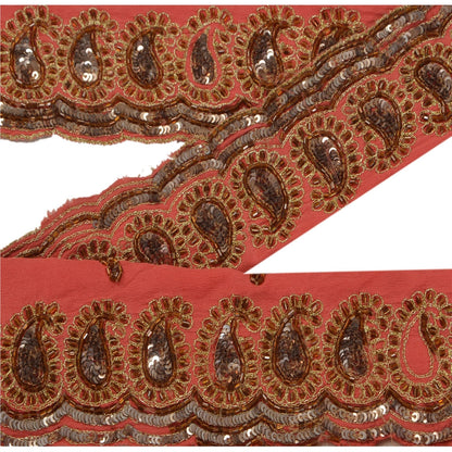 Sanskriti Vintage Hand Beaded 1 Yard Sari Border Pure Crepe Trim Pink Lace