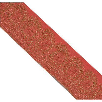 Sanskriti Vintage Hand Beaded 1 Yard Sari Border Pure Crepe Trim Pink Lace