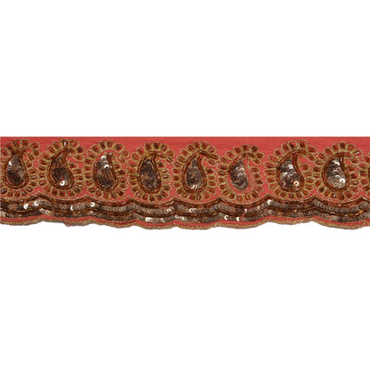 Sanskriti Vintage Hand Beaded 1 Yard Sari Border Pure Crepe Trim Pink Lace