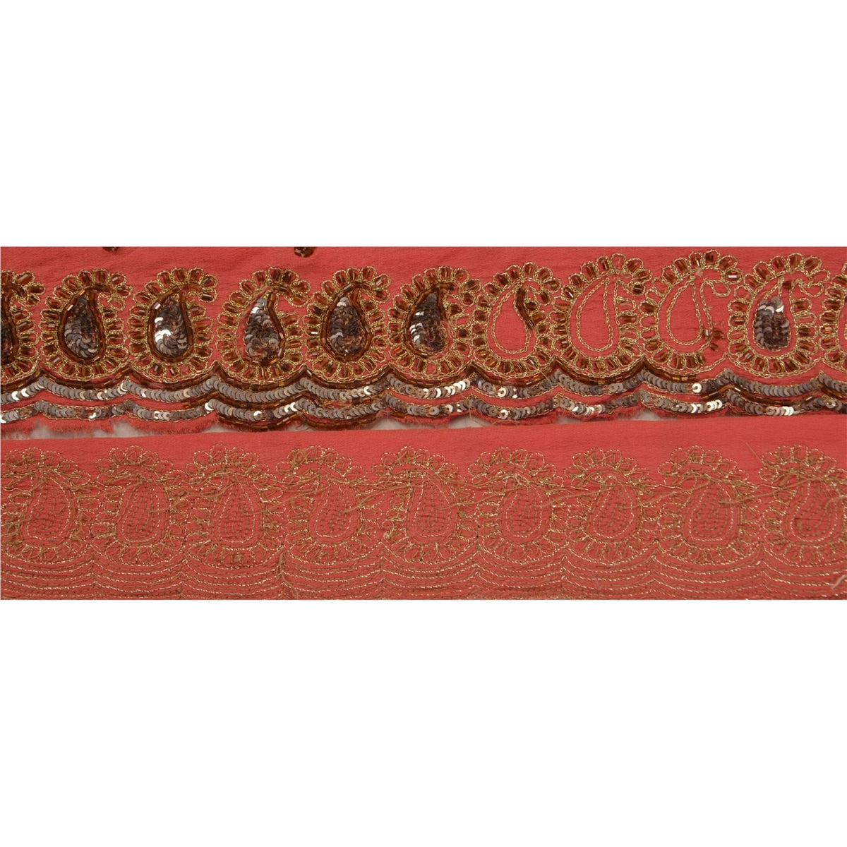 Sanskriti Vintage Hand Beaded 1 Yard Sari Border Pure Crepe Trim Pink Lace