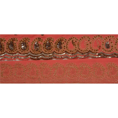Sanskriti Vintage Hand Beaded 1 Yard Sari Border Pure Crepe Trim Pink Lace