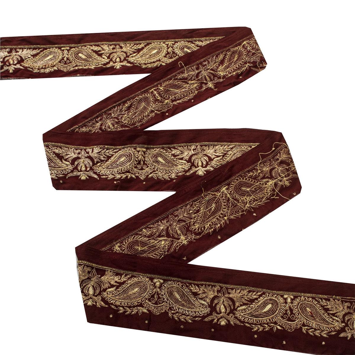 Sanskriti Vintage Hand Embroidered 1 Yard Sari Border Pure Silk Trim Brown Lace