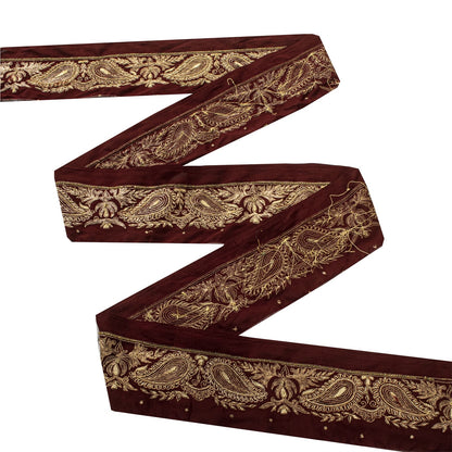 Sanskriti Vintage Hand Embroidered 1 Yard Sari Border Pure Silk Trim Brown Lace