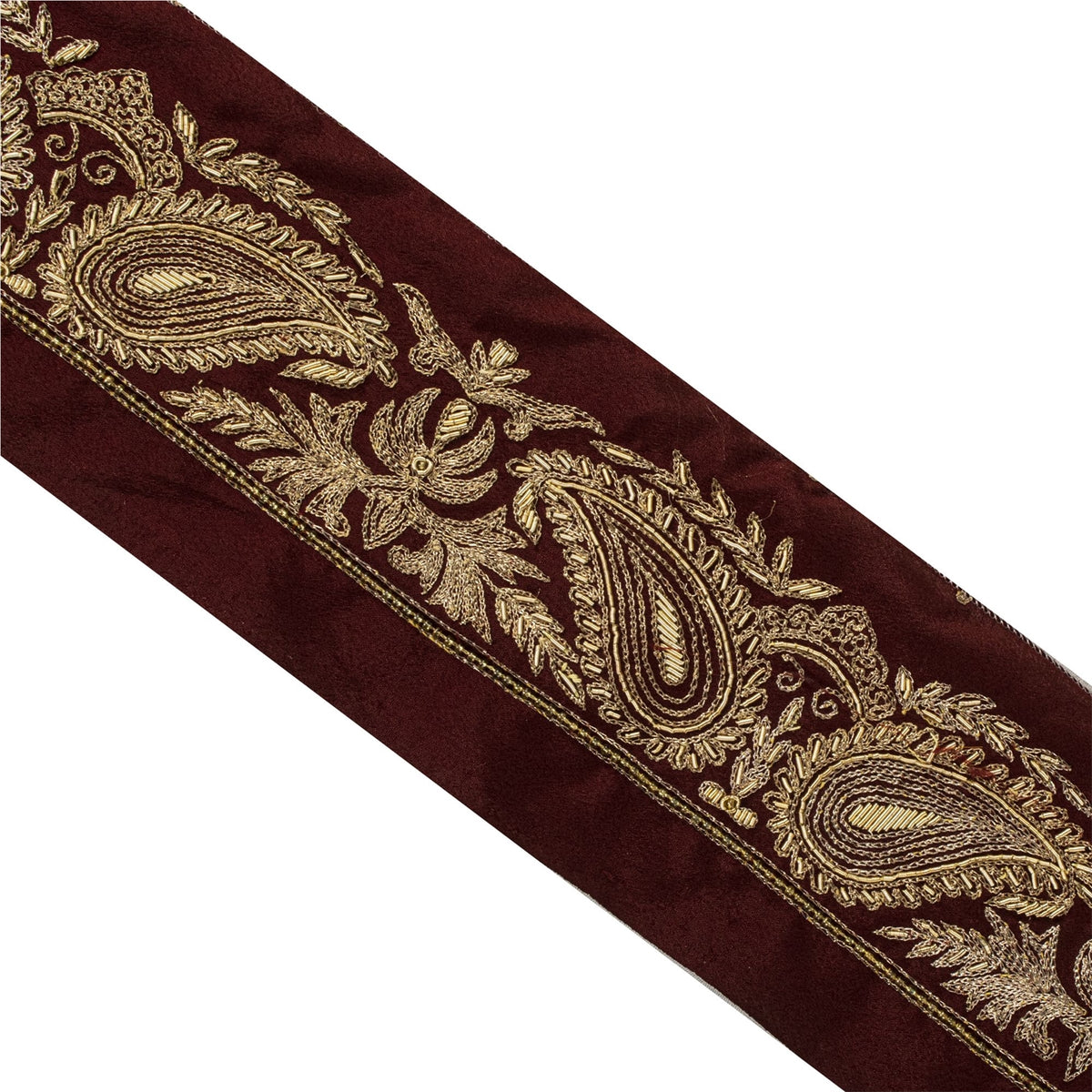 Sanskriti Vintage Hand Embroidered 1 Yard Sari Border Pure Silk Trim Brown Lace