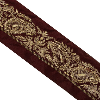 Sanskriti Vintage Hand Embroidered 1 Yard Sari Border Pure Silk Trim Brown Lace
