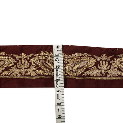 Sanskriti Vintage Hand Embroidered 1 Yard Sari Border Pure Silk Trim Brown Lace