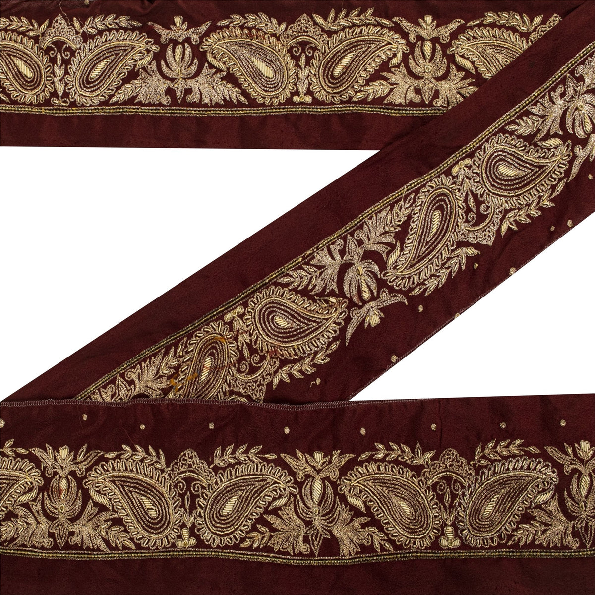 Sanskriti Vintage Hand Embroidered 1 Yard Sari Border Pure Silk Trim Brown Lace