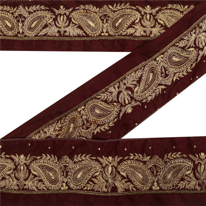 Sanskriti Vintage Hand Embroidered 1 Yard Sari Border Pure Silk Trim Brown Lace