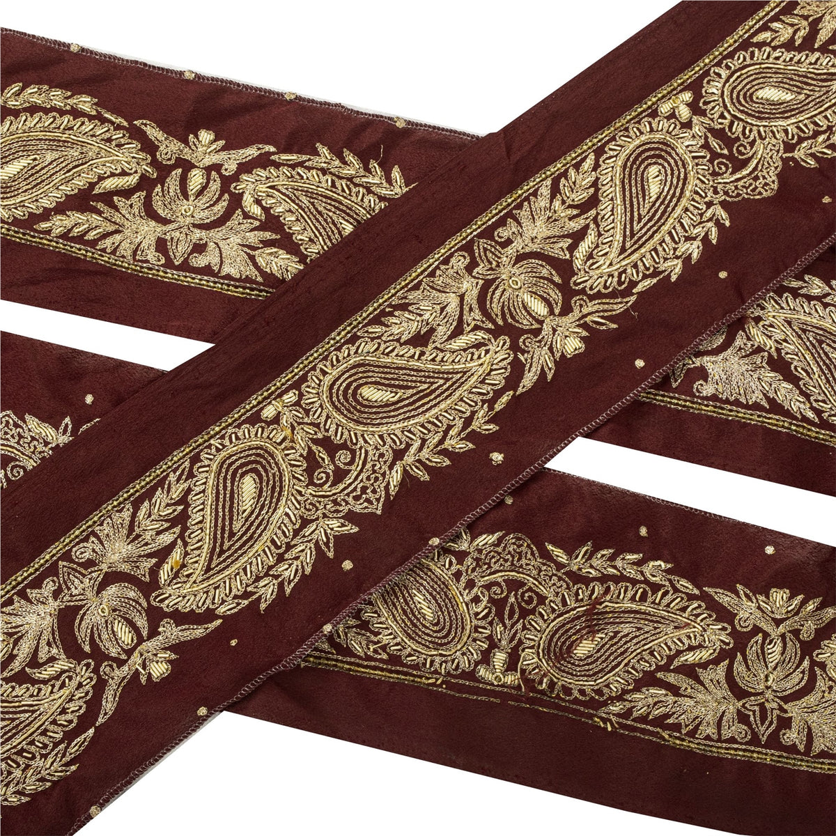 Sanskriti Vintage Hand Embroidered 1 Yard Sari Border Pure Silk Trim Brown Lace