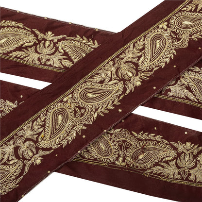 Sanskriti Vintage Hand Embroidered 1 Yard Sari Border Pure Silk Trim Brown Lace