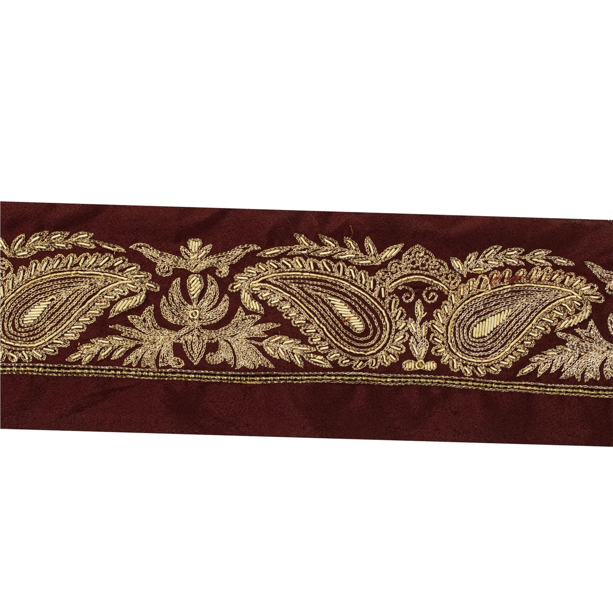 Sanskriti Vintage Hand Embroidered 1 Yard Sari Border Pure Silk Trim Brown Lace