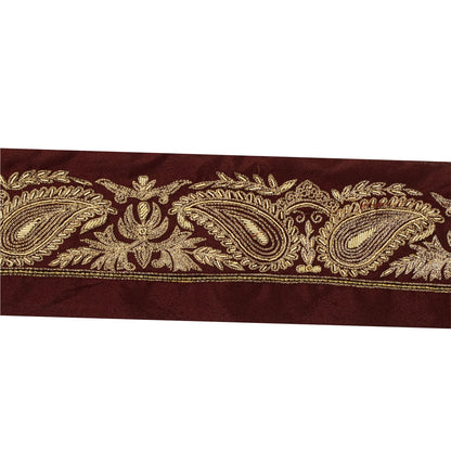 Sanskriti Vintage Hand Embroidered 1 Yard Sari Border Pure Silk Trim Brown Lace