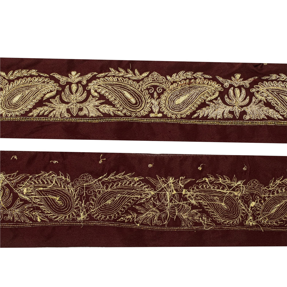 Sanskriti Vintage Hand Embroidered 1 Yard Sari Border Pure Silk Trim Brown Lace