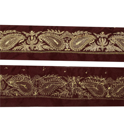 Sanskriti Vintage Hand Embroidered 1 Yard Sari Border Pure Silk Trim Brown Lace
