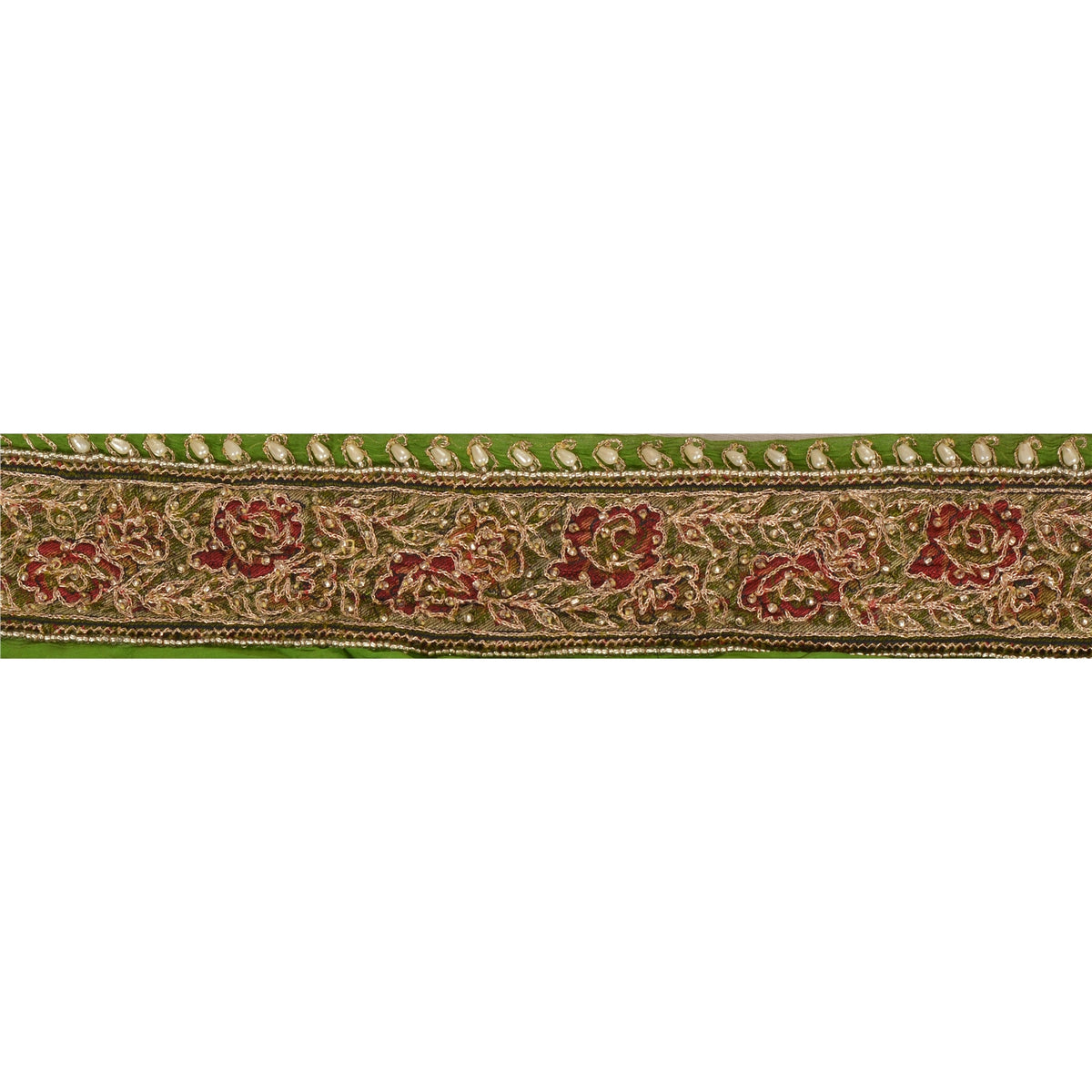 Sanskriti Vintage Hand Beaded Chiffon Silk Sari Border 1 Yard 2"W Green Lace