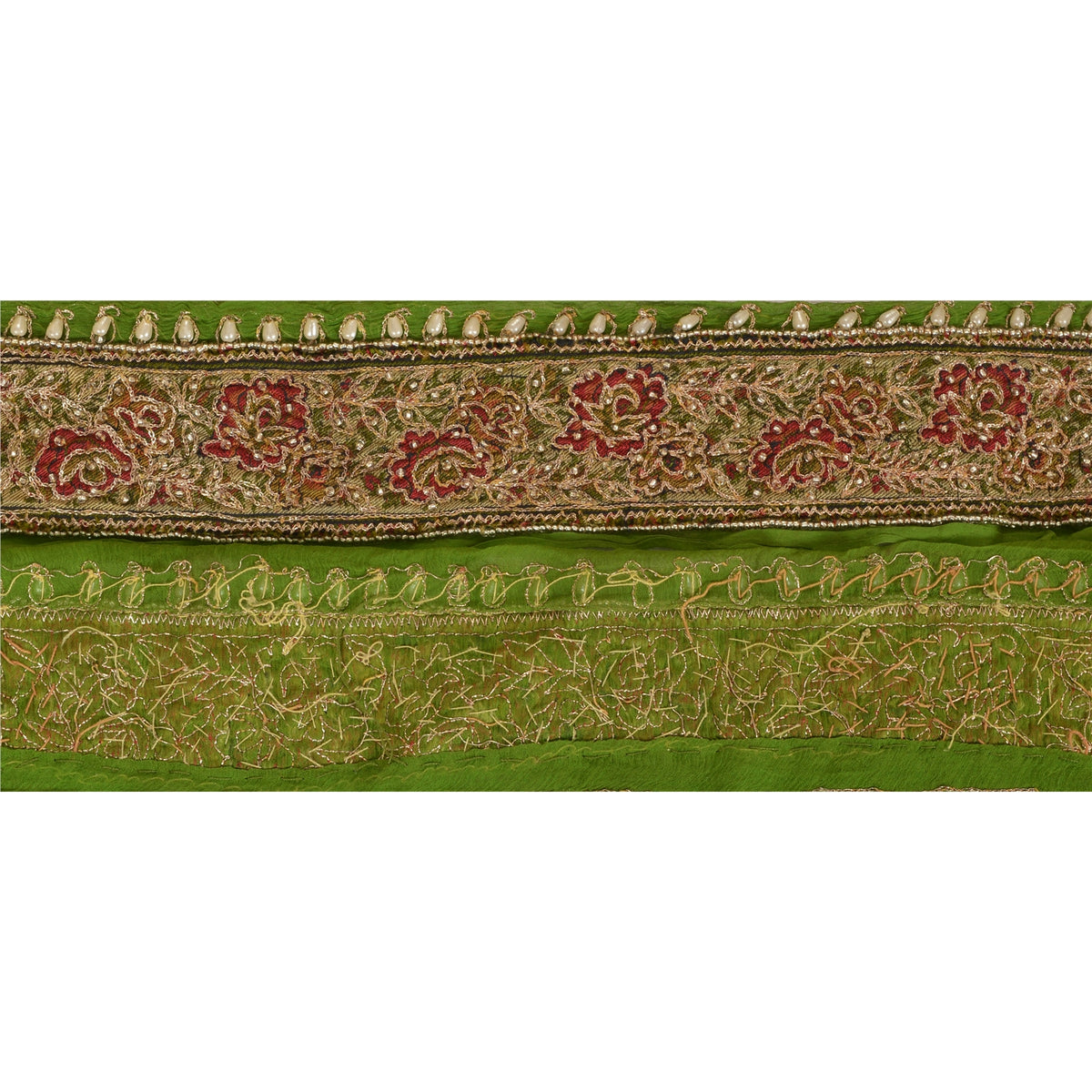 Sanskriti Vintage Hand Beaded Chiffon Silk Sari Border 1 Yard 2"W Green Lace