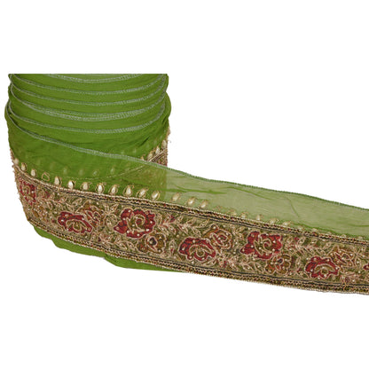Sanskriti Vintage Hand Beaded Chiffon Silk Sari Border 1 Yard 2"W Green Lace