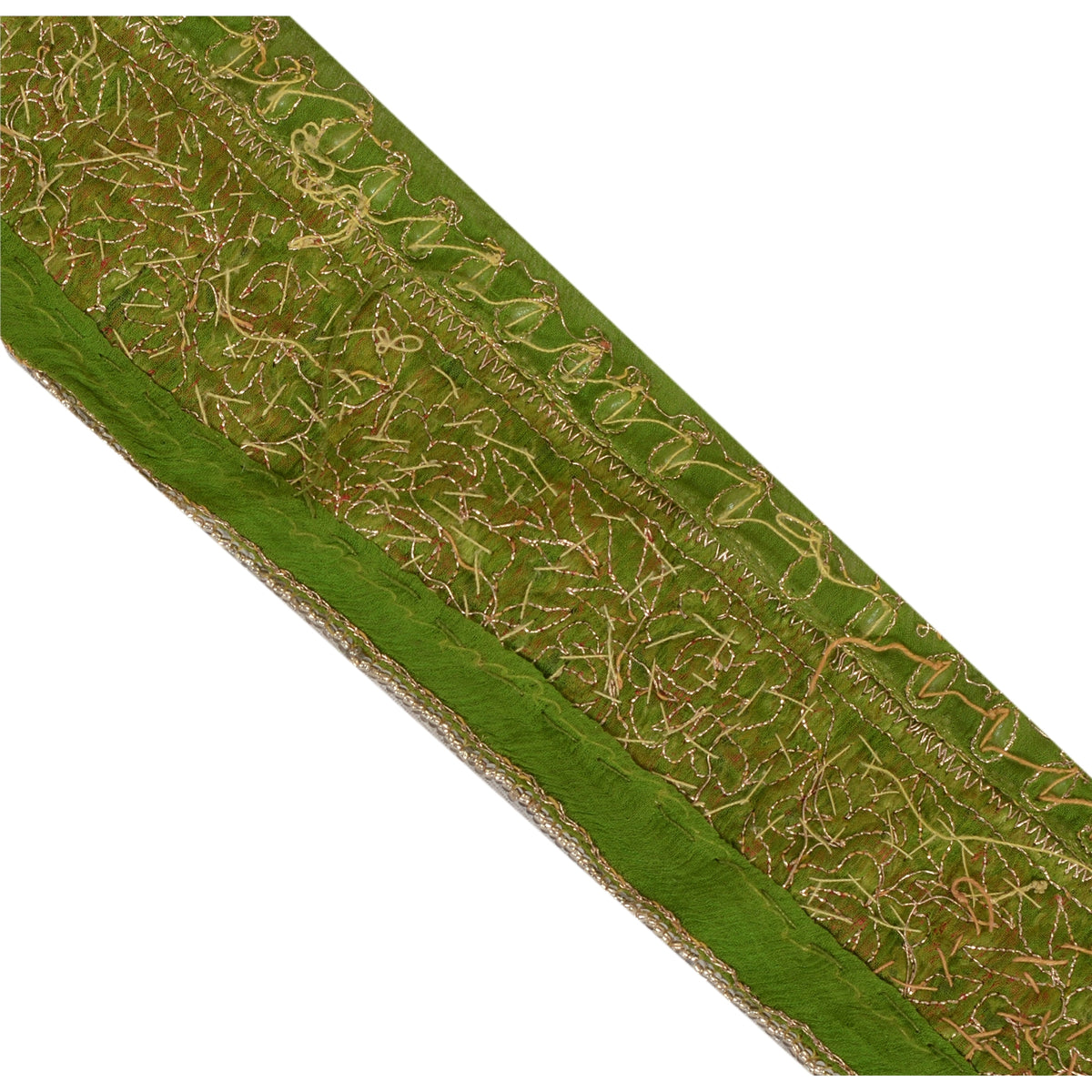 Sanskriti Vintage Hand Beaded Chiffon Silk Sari Border 1 Yard 2"W Green Lace
