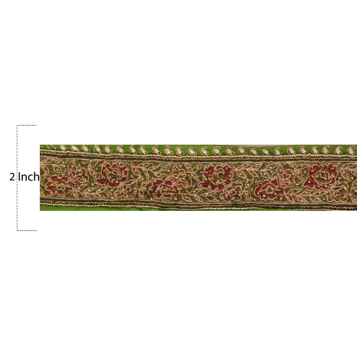 Sanskriti Vintage Hand Beaded Chiffon Silk Sari Border 1 Yard 2"W Green Lace