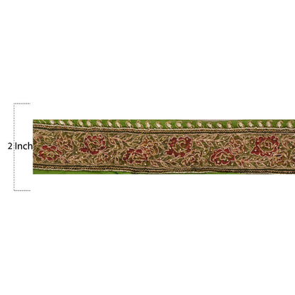 Sanskriti Vintage Hand Beaded Chiffon Silk Sari Border 1 Yard 2"W Green Lace