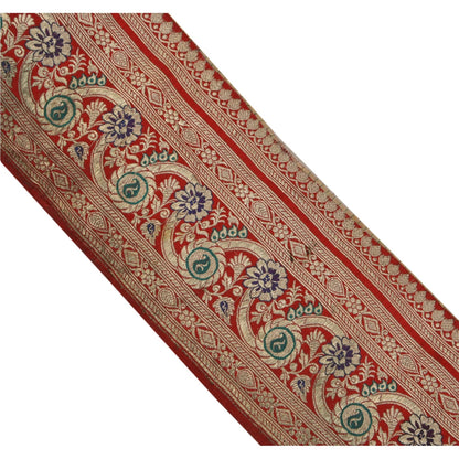 Sanskriti Vintage Brocade Zari Woven 1 Yard Sari Border Trim Pure Silk Red Lace