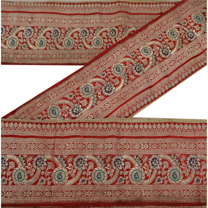 Sanskriti Vintage Brocade Zari Woven 1 Yard Sari Border Trim Pure Silk Red Lace