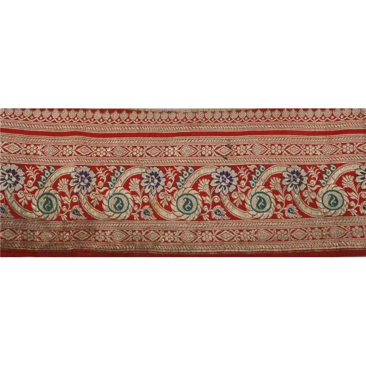 Sanskriti Vintage Brocade Zari Woven 1 Yard Sari Border Trim Pure Silk Red Lace