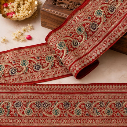Sanskriti Vintage Brocade Zari Woven 1 Yard Sari Border Trim Pure Silk Red Lace