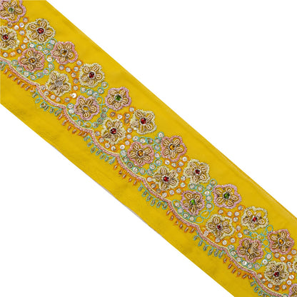 Sanskriti Vintage Hand Embroidered 1 Yd Sari Border Pure Crepe Yellow Craft Lace